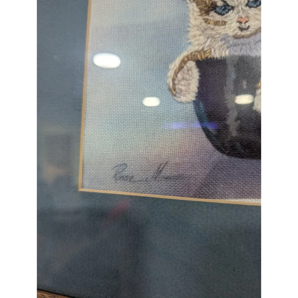 Vintage Signed Hand Embroidered Floral Cat Wall Hanging Framed Art 20